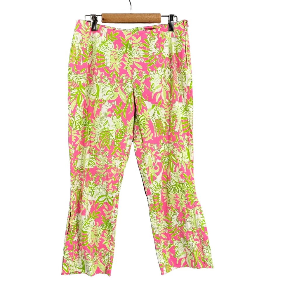 Lilly Pulitzer Pink Green Floral Crop Pants Side Zip Stretch Cotton 29x24 est 6